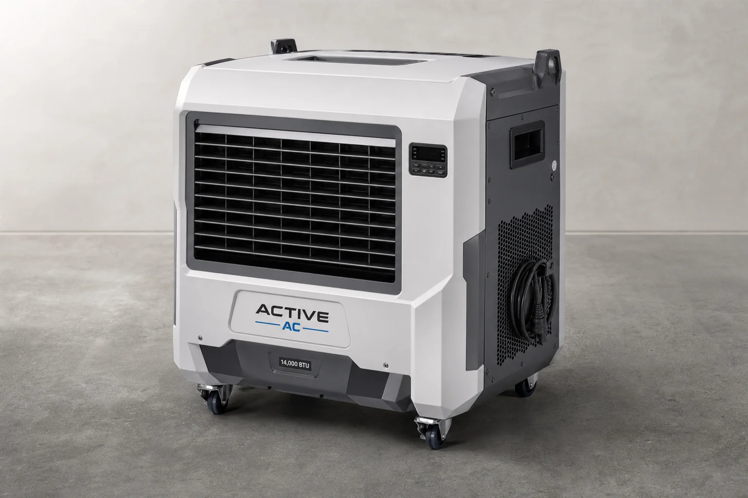 Six portable air conditioning units arranged on neutral backdrop