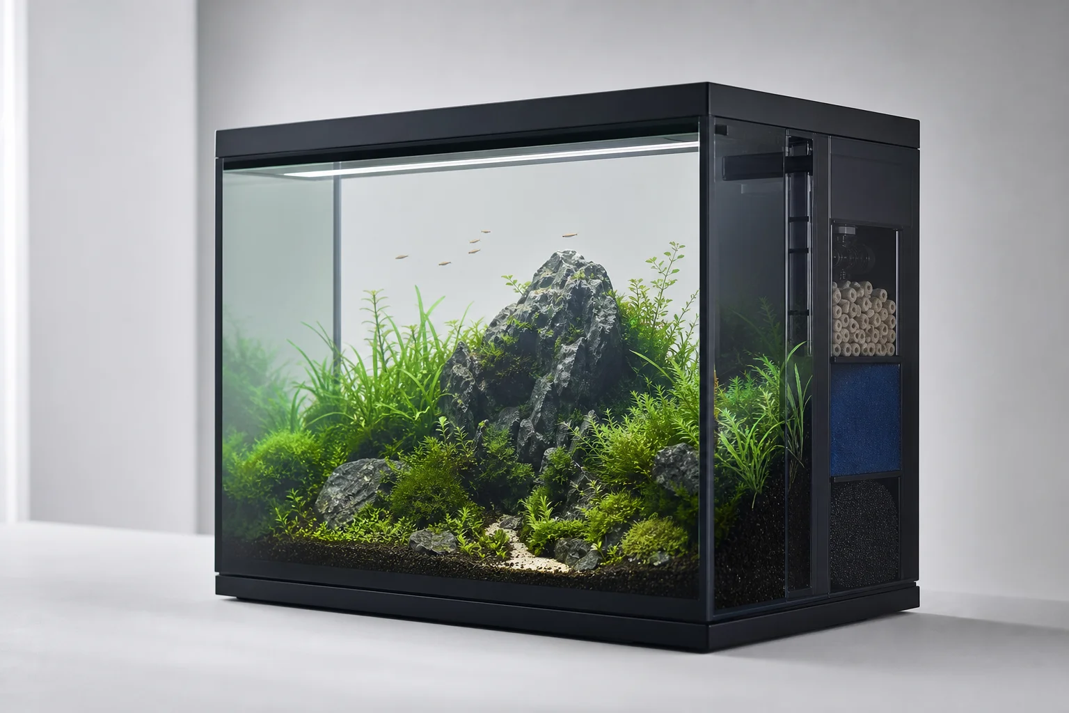 放置於平坦表面上的 UNS Dual All-in-One 水族缸，後方設有整合式過濾槽