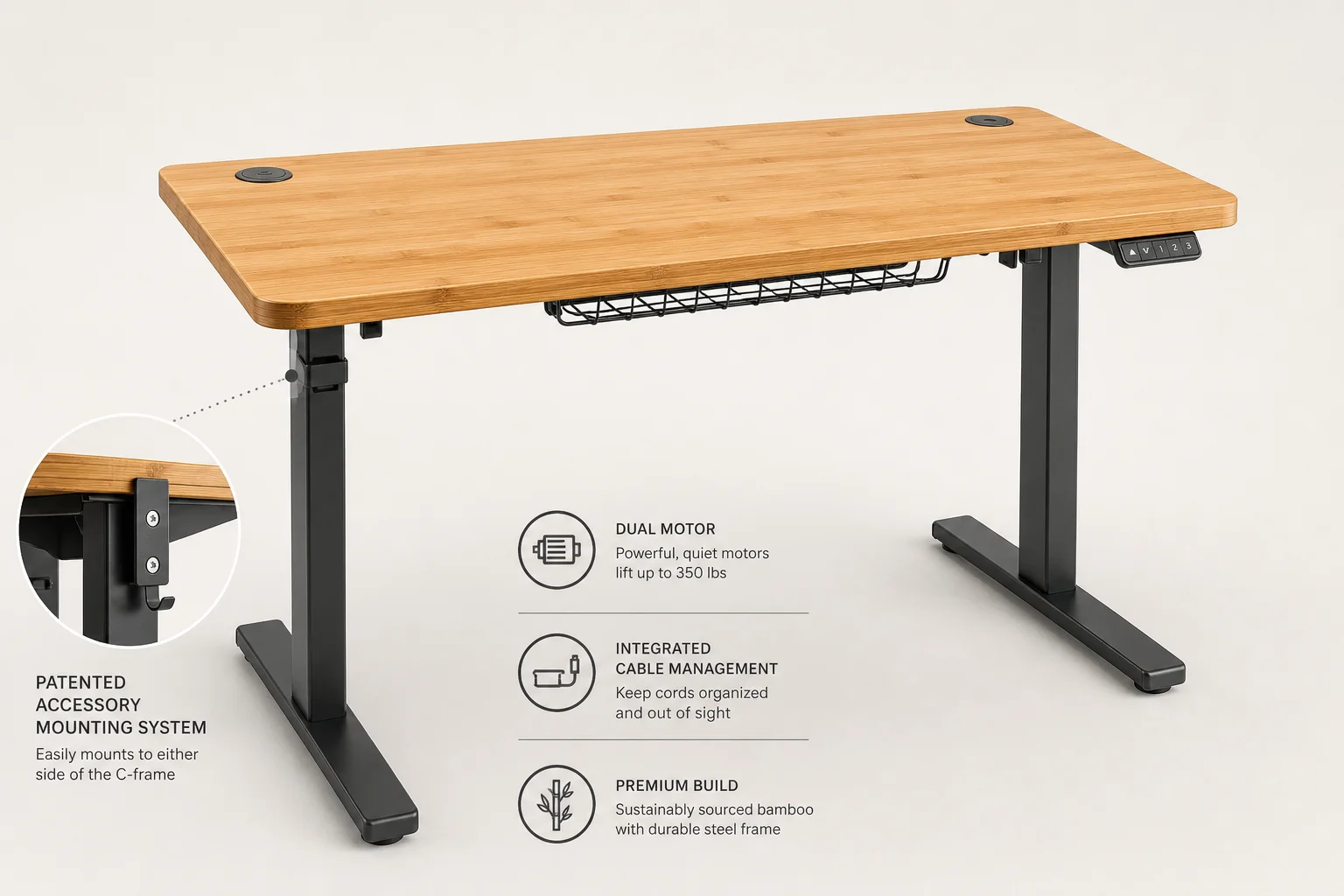 Five standing desks of varying styles and sizes arranged on neutral background