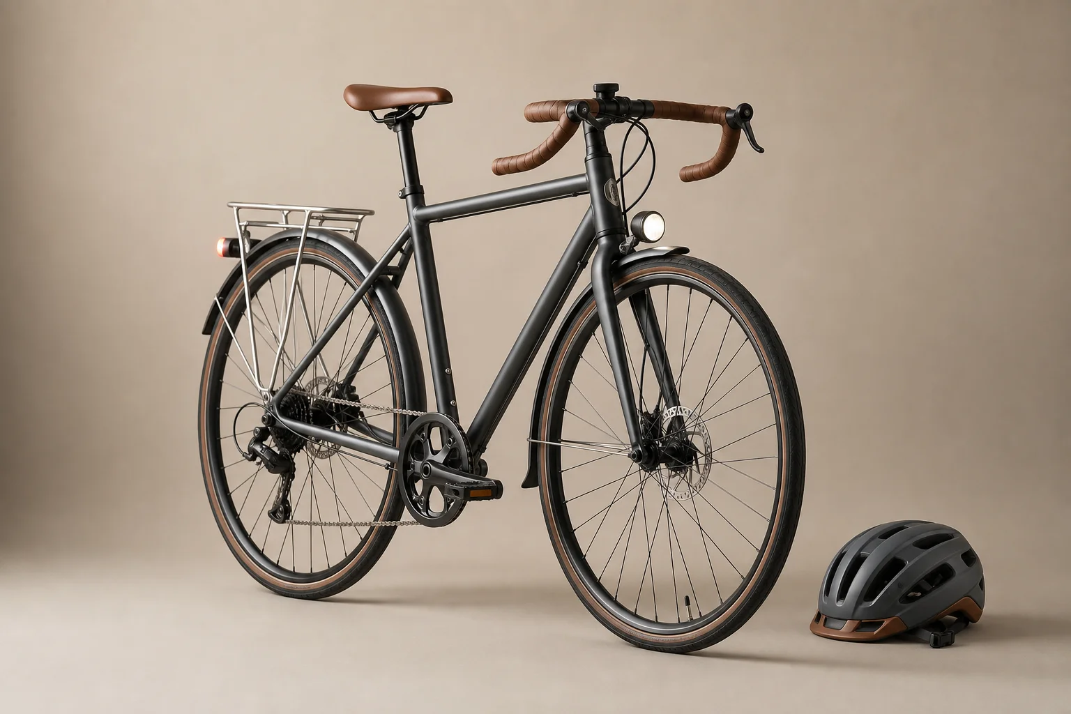 Urban commuter bicycle with accessories on neutral backdrop