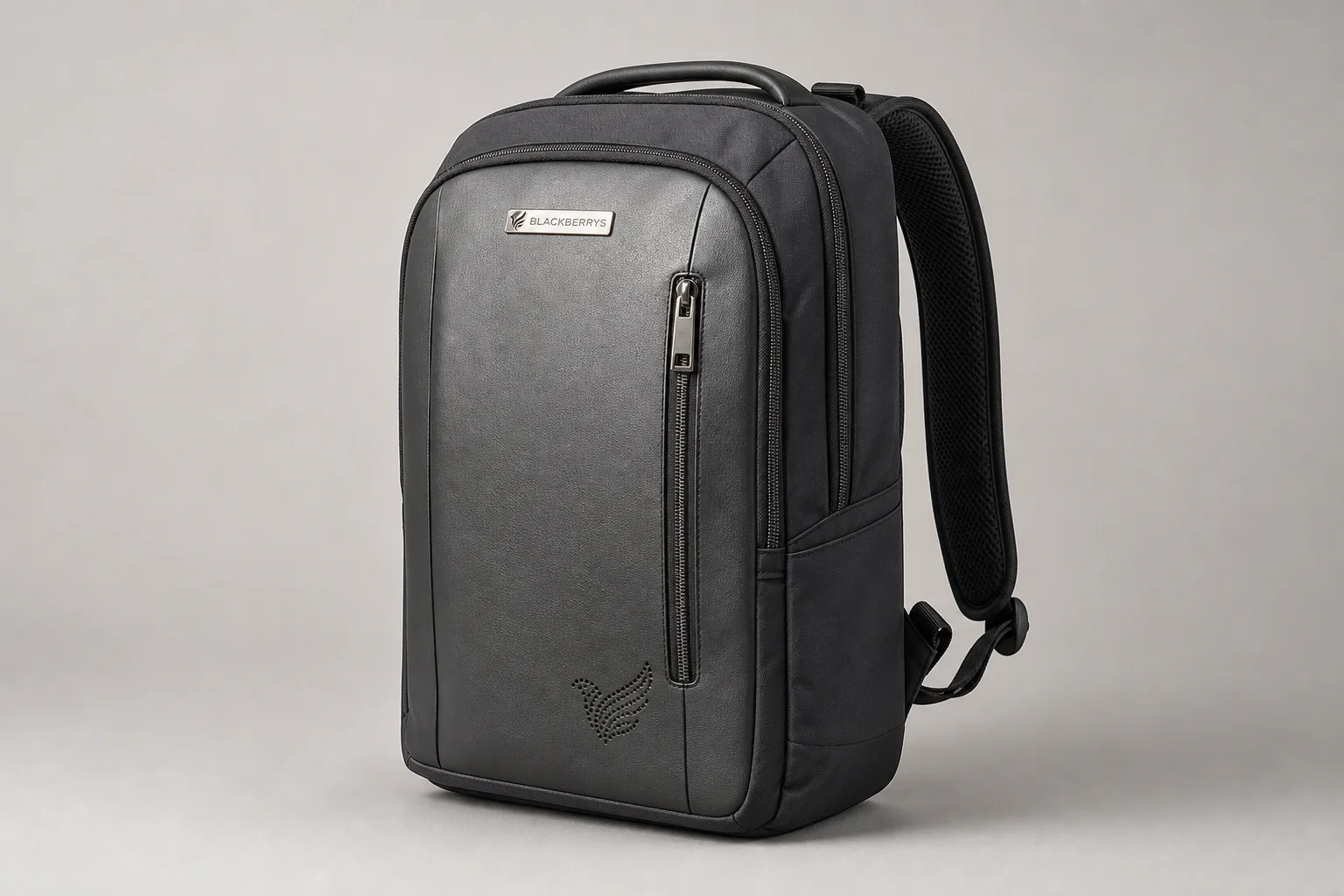 Five backpacks in different styles and colors arranged on concrete surface