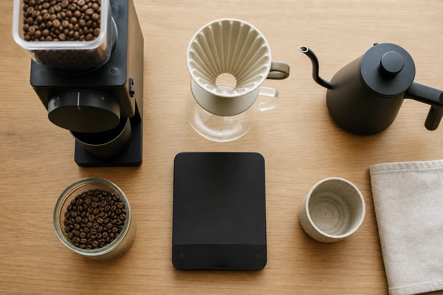 Coffee brewing equipment including grinder, scale, V60, and kettle on wood surface