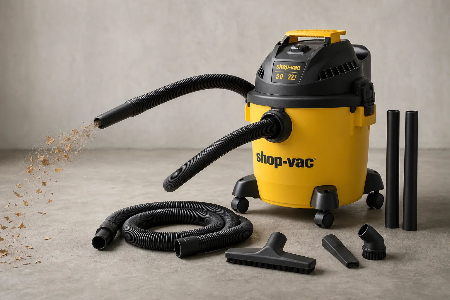 Eight wet/dry vacuums of varying sizes arranged on concrete surface