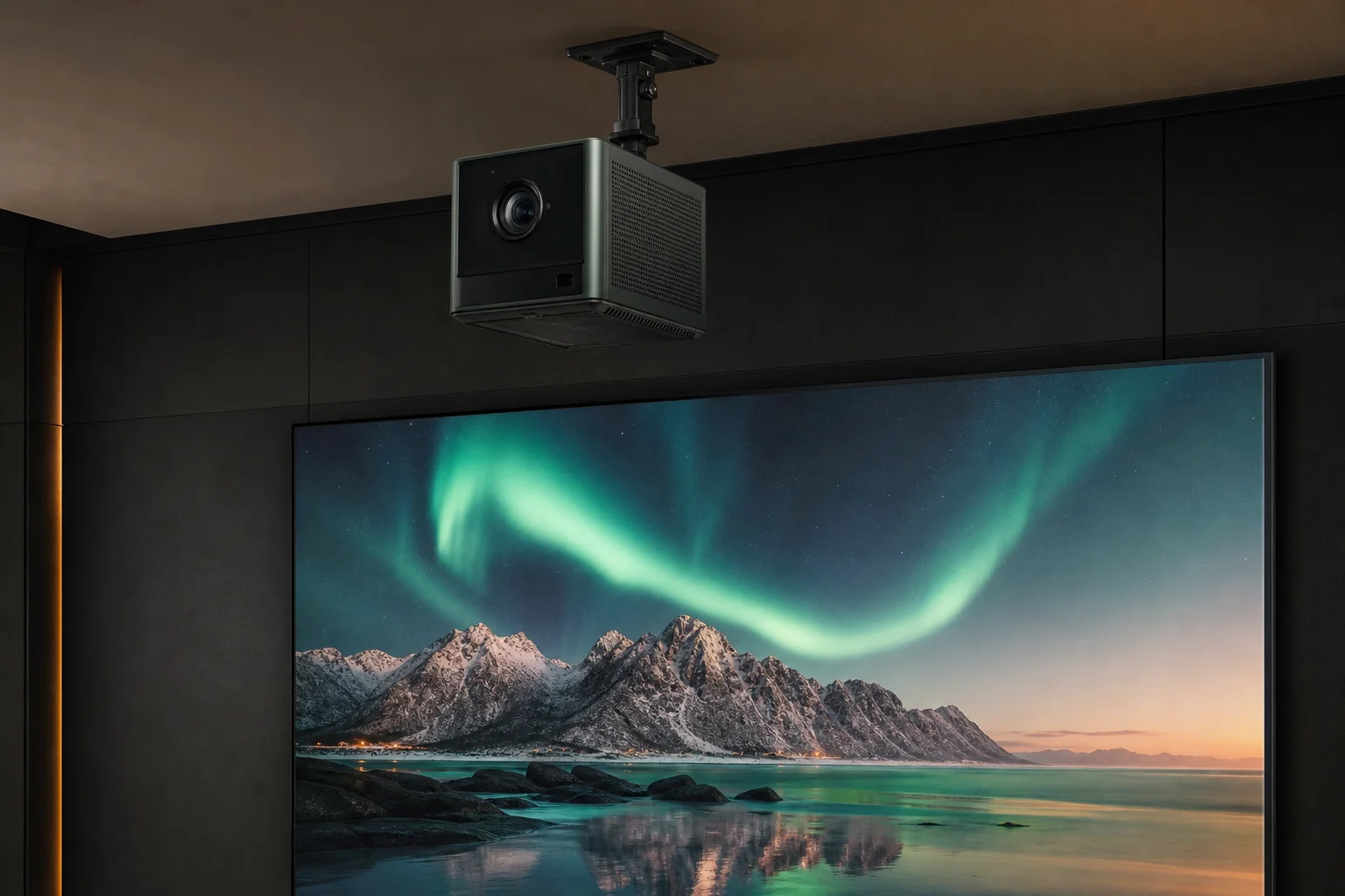 Valerion Vision Master Pro 2 投影機安裝於家庭劇院室 120 吋 ALR 布幕上方