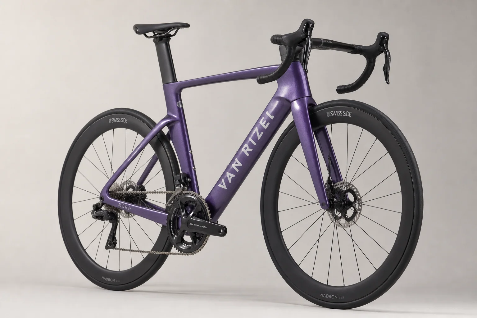 Van Rizel RCRF aerodynamic road bike in purple on neutral backdrop