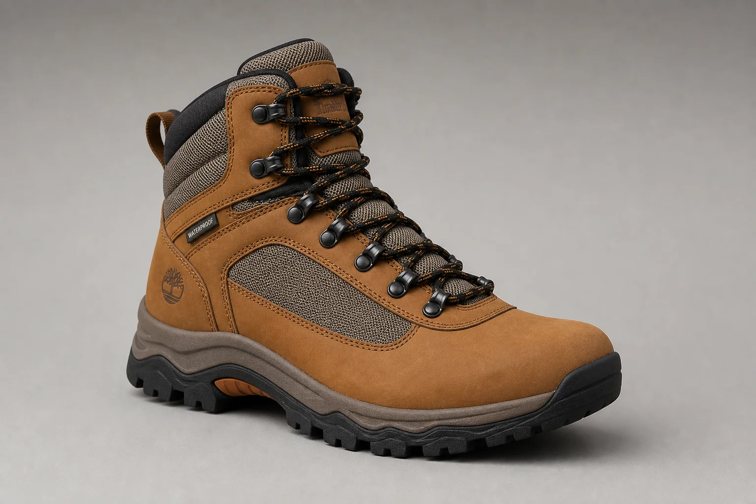 Five hiking boots arranged diagonally on concrete surface