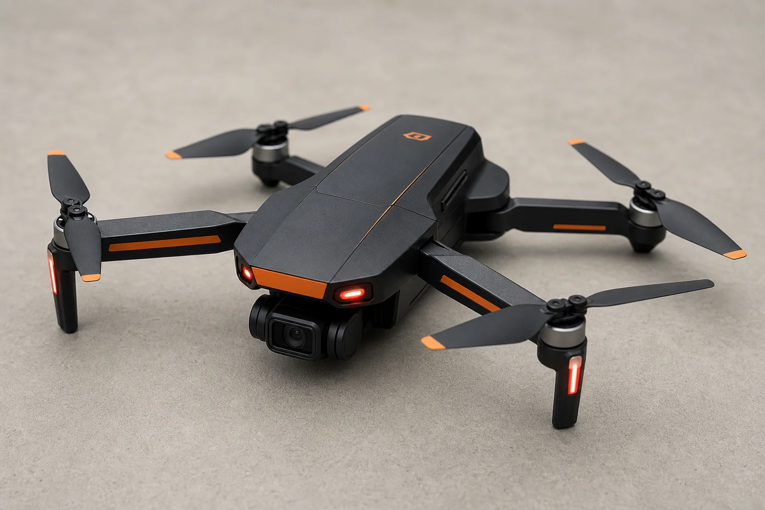 Five budget camera drones in various designs and colors arranged on concrete