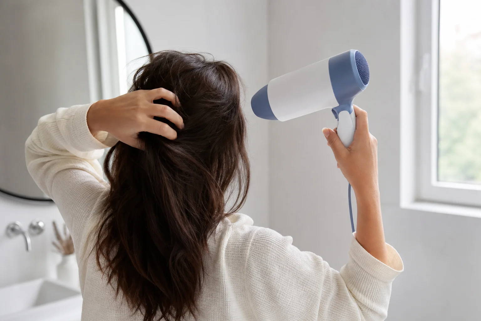 Person styling hair with a foldable hair dryer in a bright bathroom