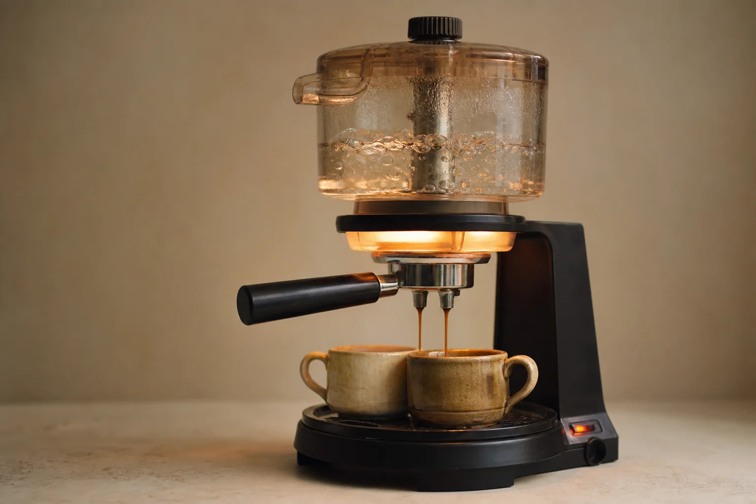 Coffee brewing in a vintage electric espresso maker with steam and water visible