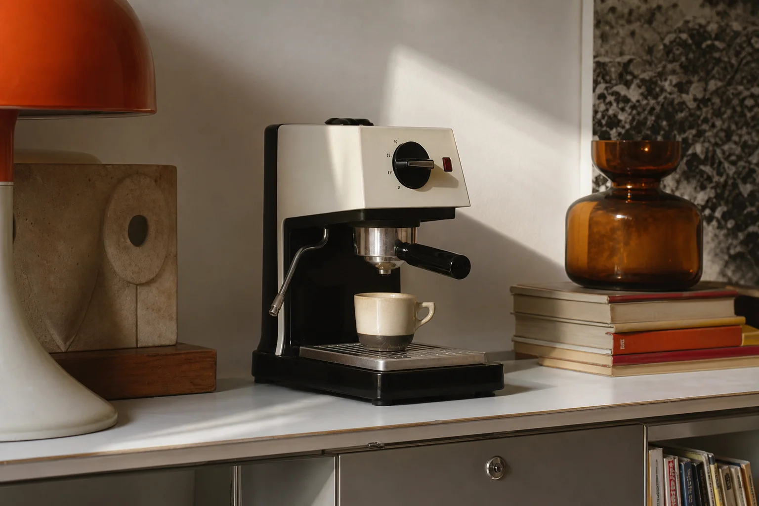 Vintage coffee maker displayed on a shelf with period-appropriate styling and decor