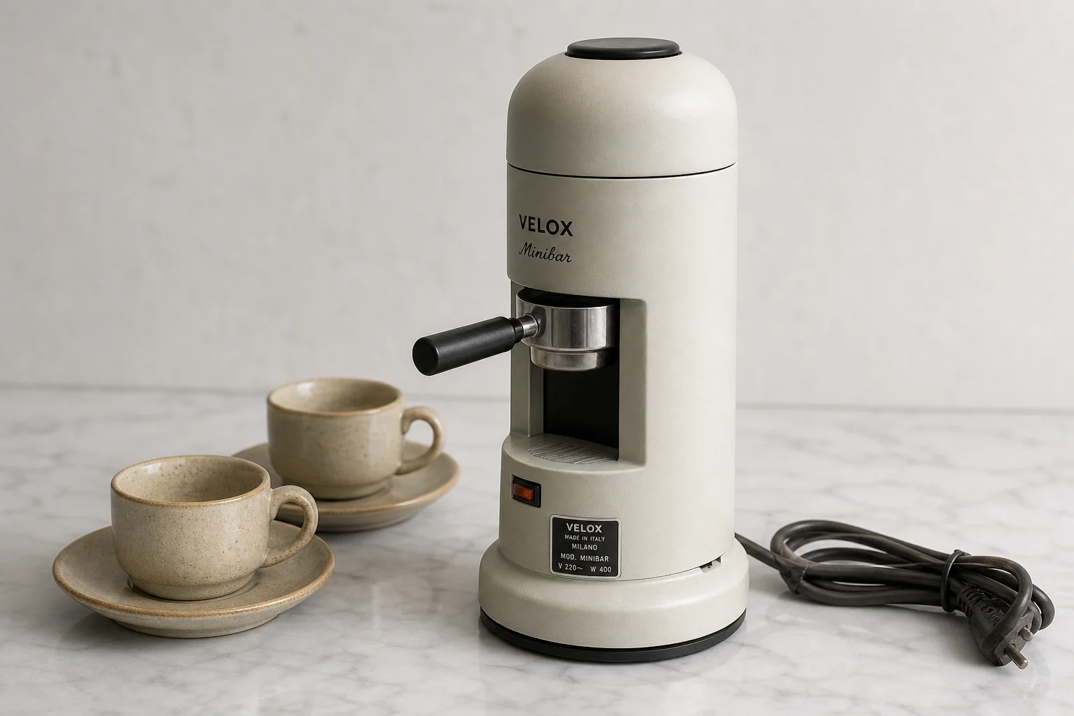 Velox Minibar electric espresso maker with vintage ceramic cups on neutral surface