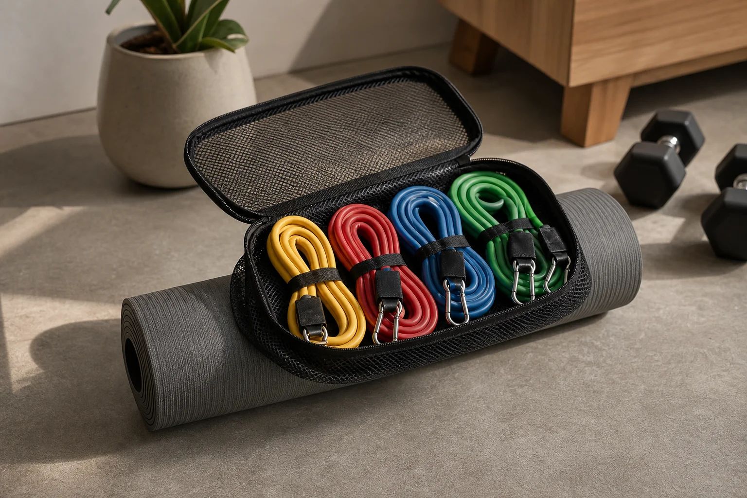Resistance band set with carrying mesh bag displayed on a fitness mat