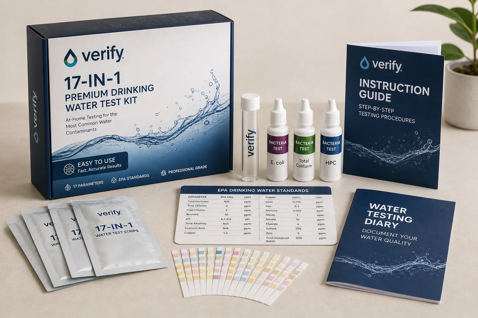Collection of water test kits including strips, digital photometer, and test tubes on grey surface