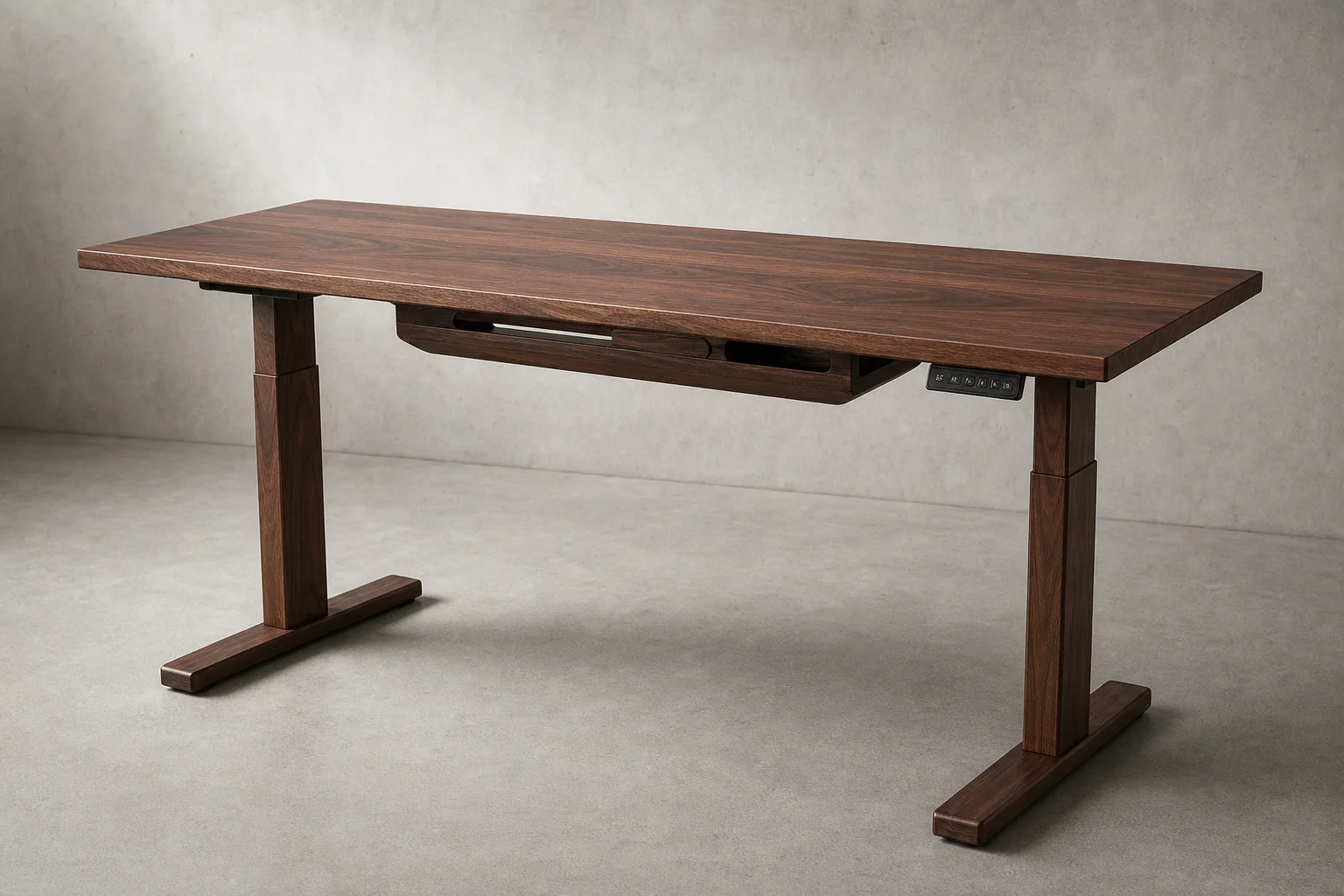 Complete modern desk setup with walnut desk, monitor, chair, speakers, and accessories