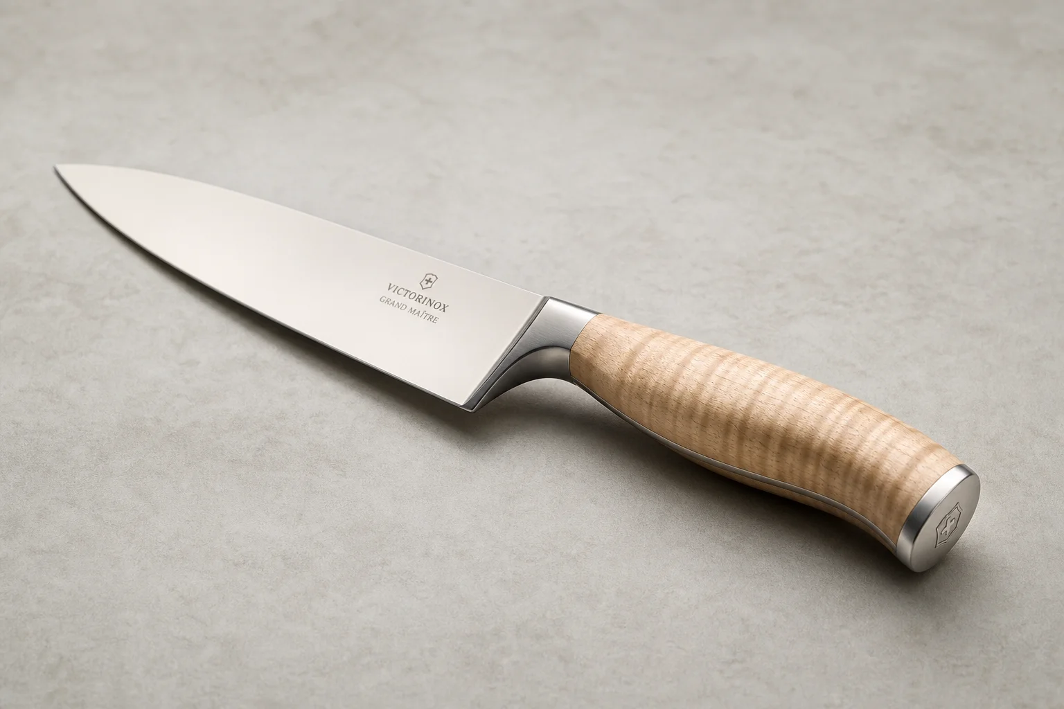 Collection of eight chef's knives arranged diagonally on concrete surface showing various styles and price points
