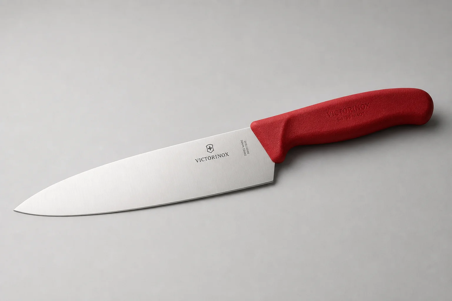 Four chef's knives arranged diagonally on concrete: Misen, Made-In, Victorinox, and Shun
