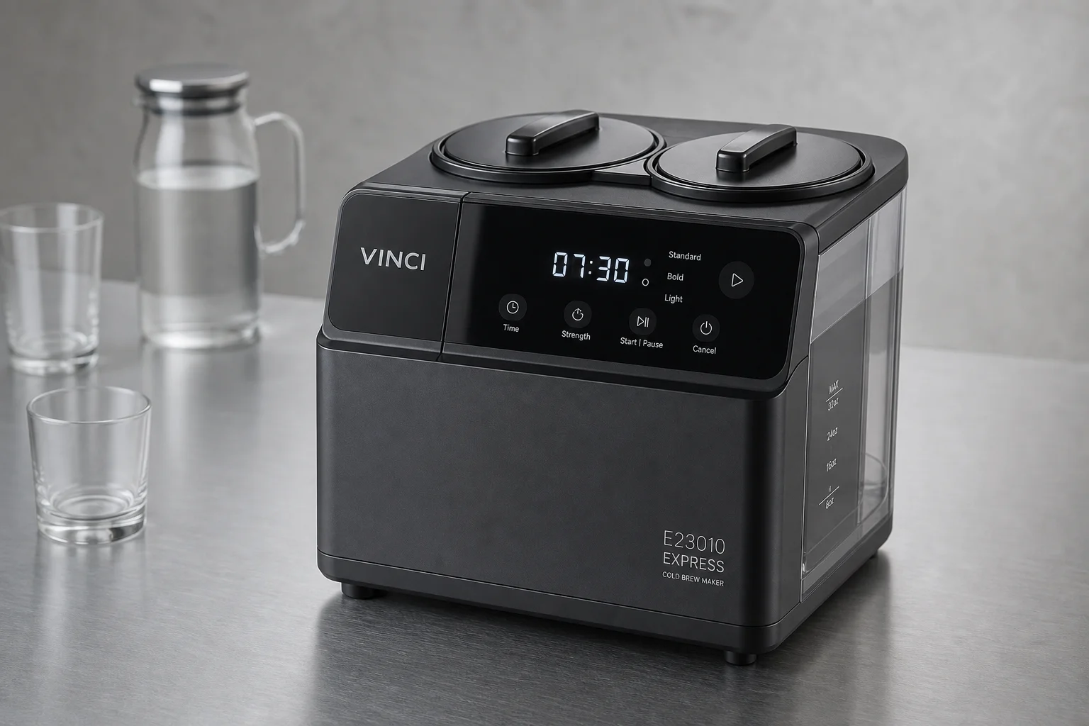 Four cold brew coffee makers displayed on concrete surface