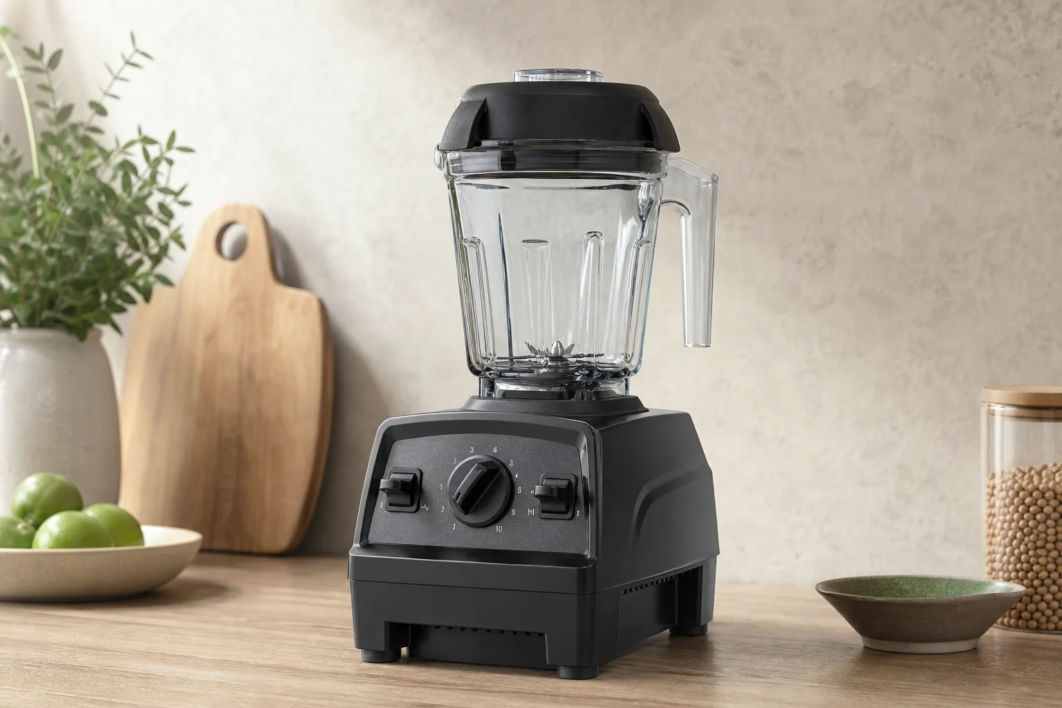 Vitamix Explorian E310、Ninja Professional Blender 與 Beast Blender 擺放在中性背景前