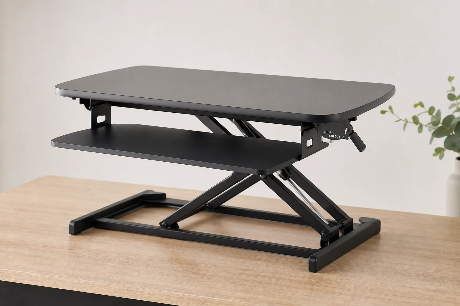 Five standing desks of varying styles and sizes arranged on neutral background