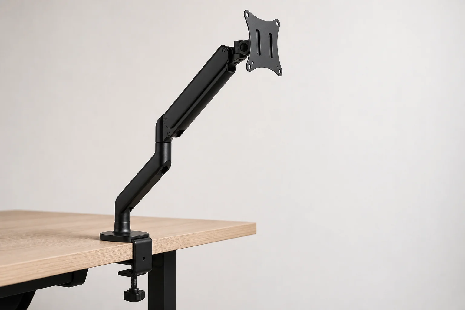 Three monitor arms from budget to premium displayed on concrete surface