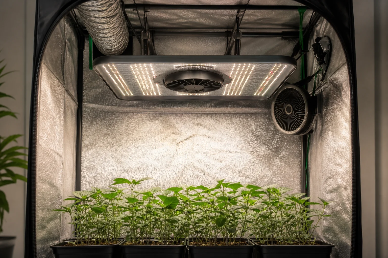 小型種植帳篷內部，上方安裝了 LED 燈與風扇