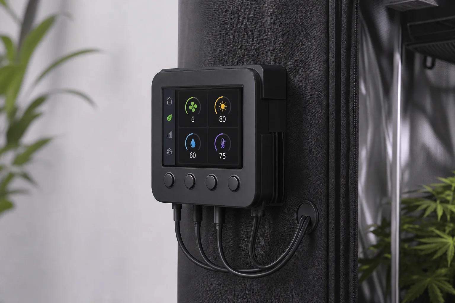安裝於種植帳篷外部的 GrowHub 控制器，顯示螢幕清晰可見