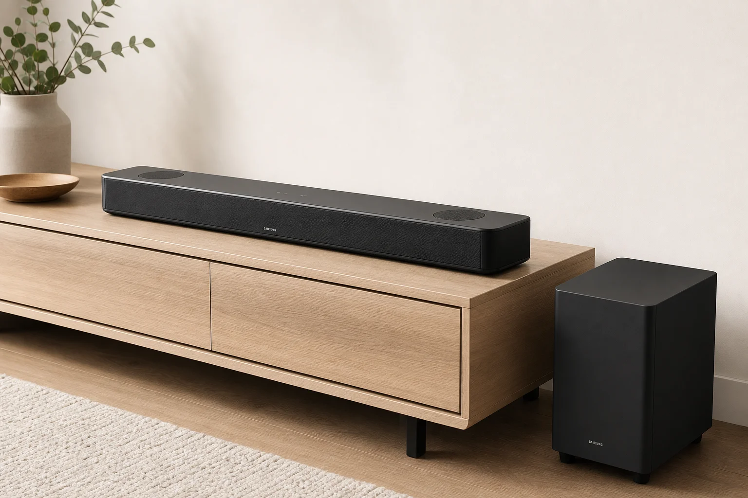 放置在電視櫃上的 Vizio M512a-H6 聲霸與重低音喇叭