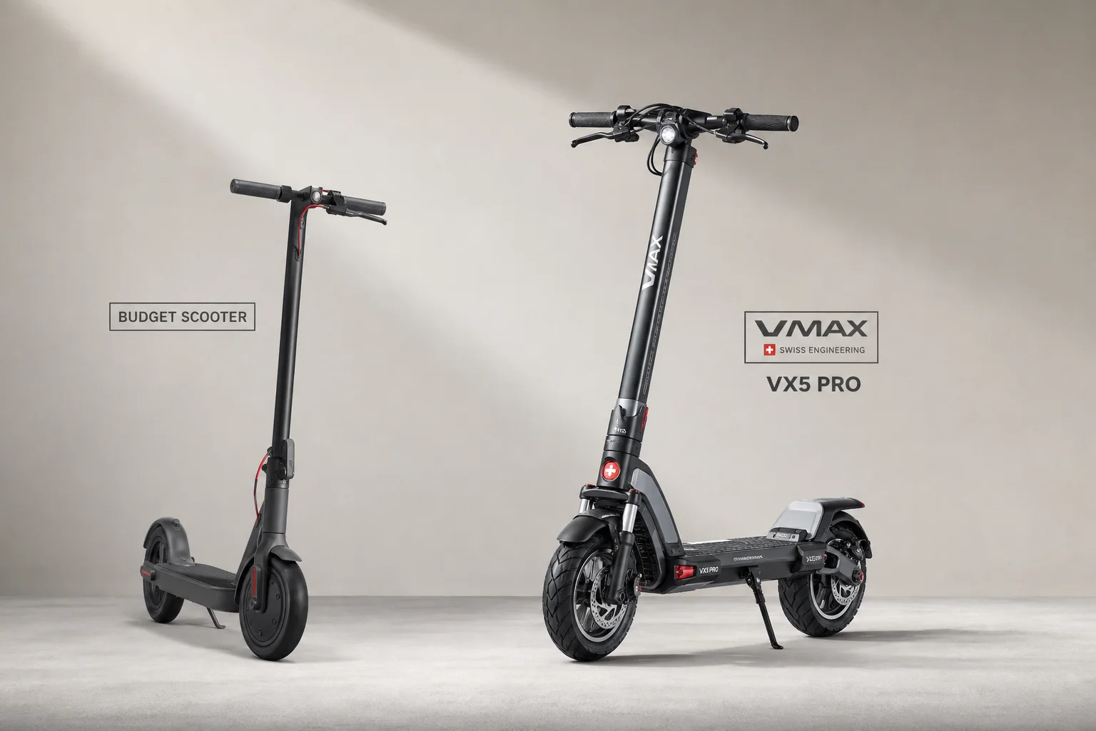 平價電動滑板車與 VMAX VX5 Pro 並排停放在中性背景前