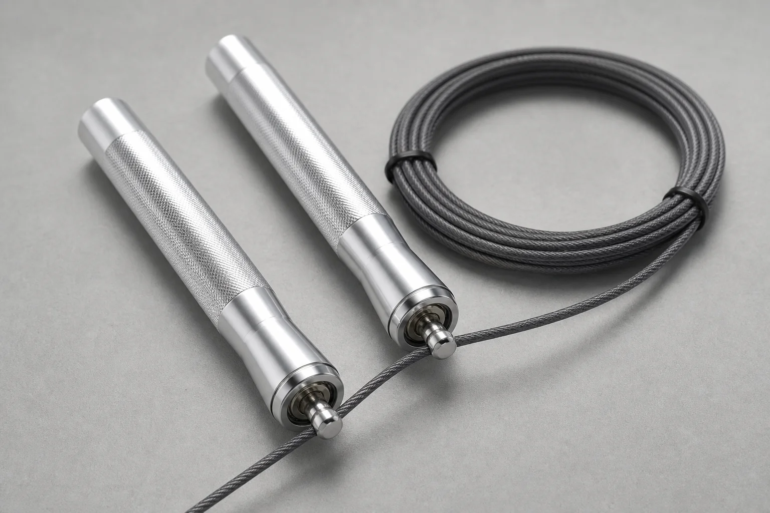 Five jump ropes with different handle styles and cable designs arranged on concrete