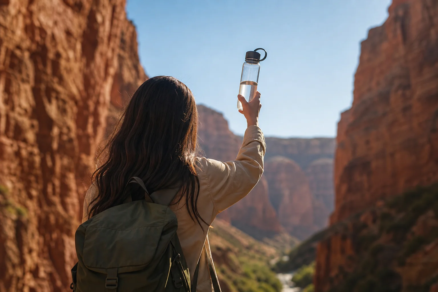 Hiker in canyon holding water bottle up to light checking water level