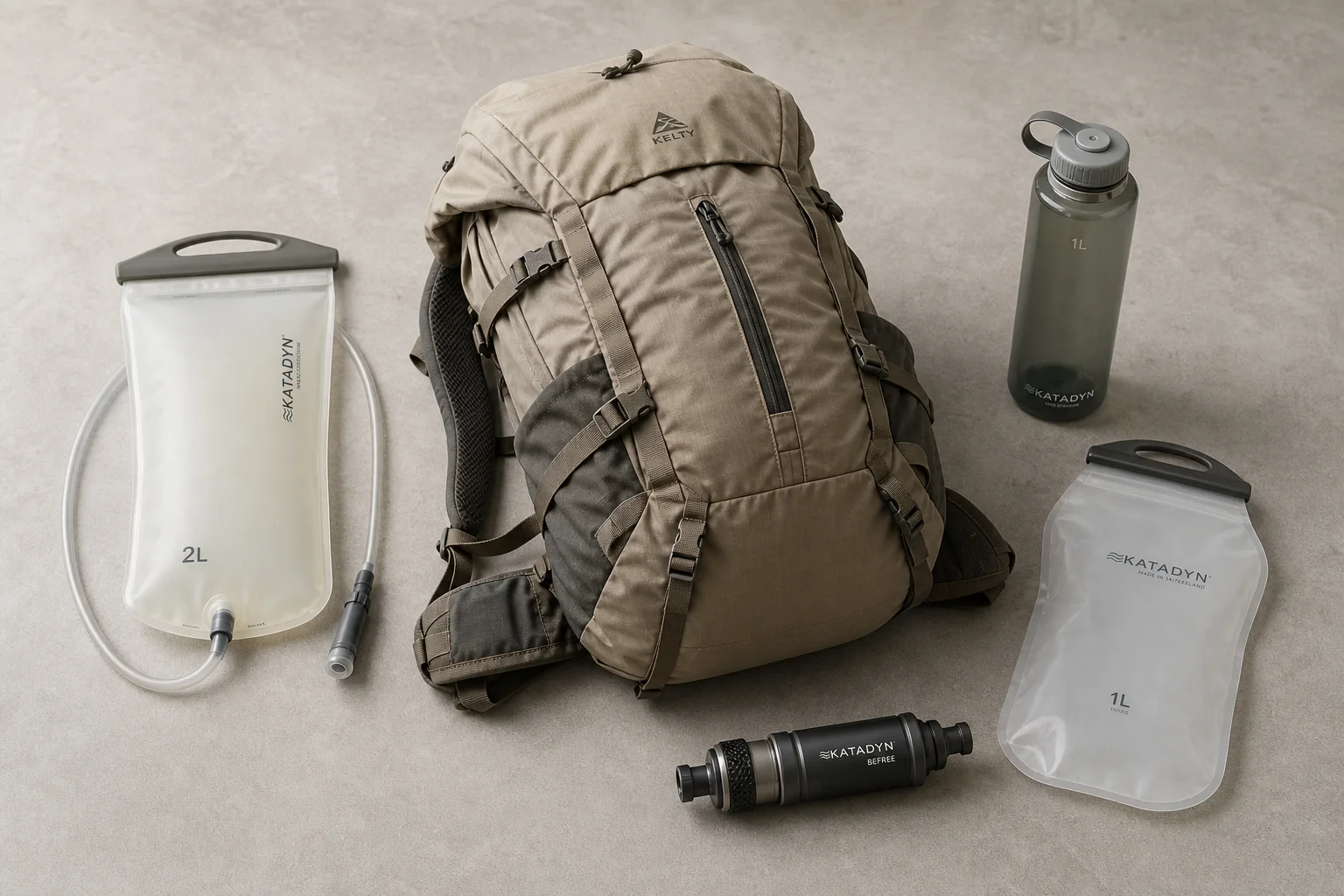 Hiking water gear including bladder, bottles, filter, and reservoir arranged on neutral surface