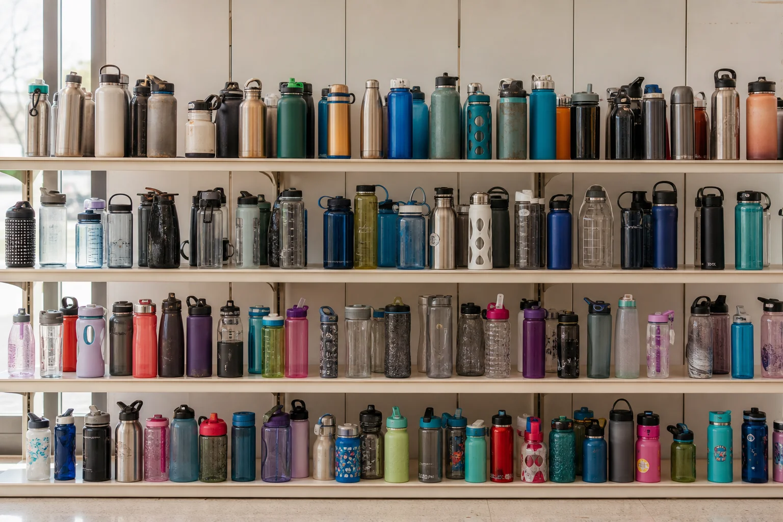 Thrift store shelf displaying collection of used water bottles in various styles