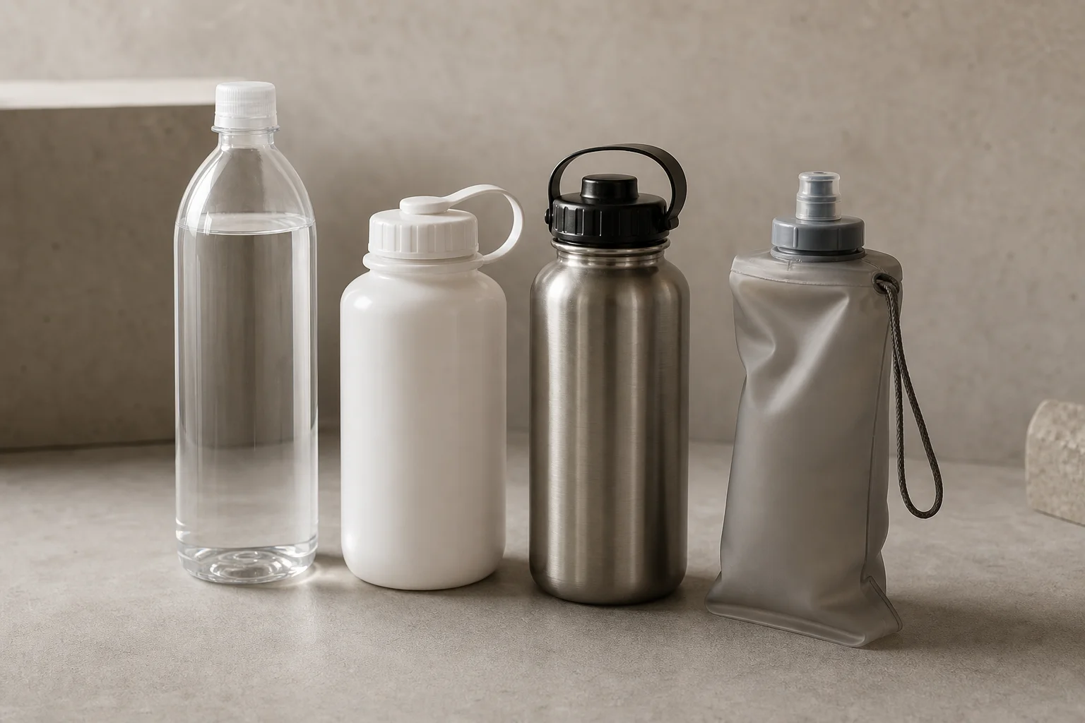 Collection of water bottles including SmartWater, Cnoc Thrubottle, Nalgene, and Hydrapak Seeker on concrete