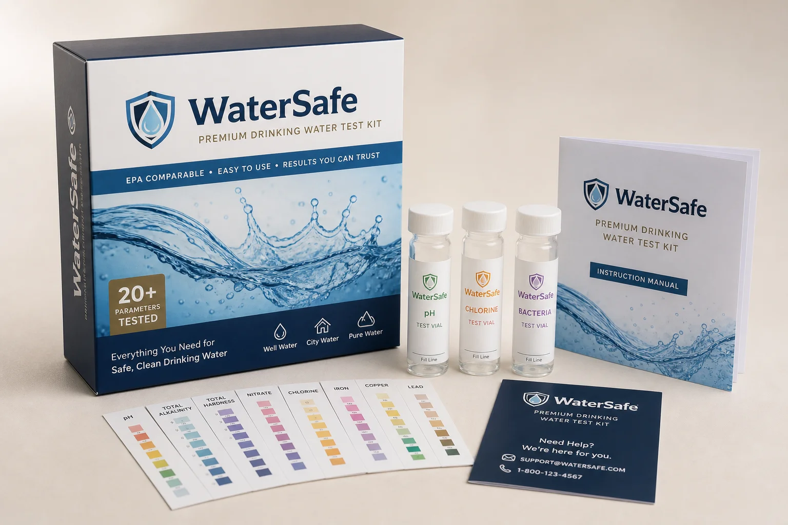 Collection of water test kits including strips, digital photometer, and test tubes on grey surface