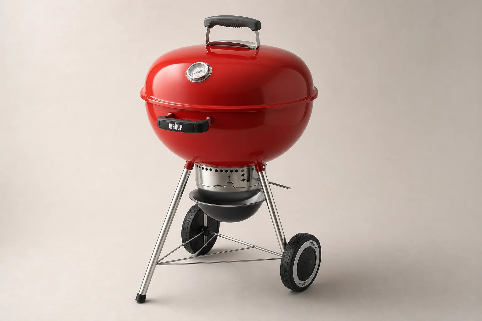 Three Weber 22-inch kettle grills lined up showing Original, Premium, and Master Touch models