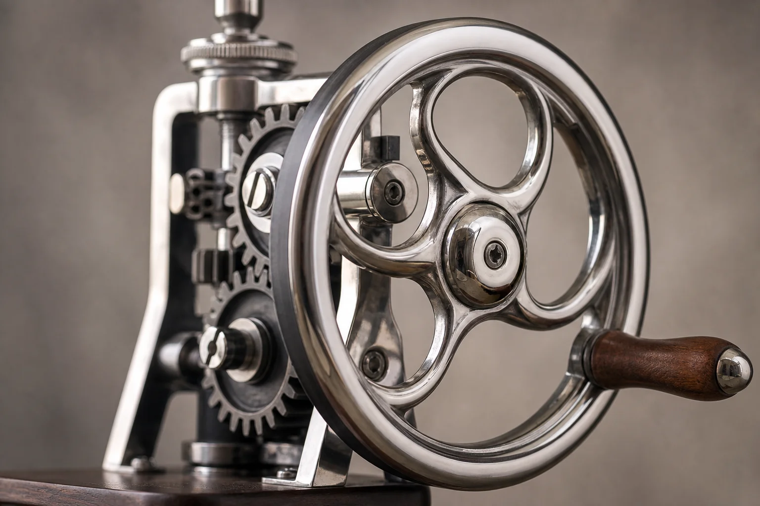 Close-up of hand grinder's large flywheel and gearing mechanism