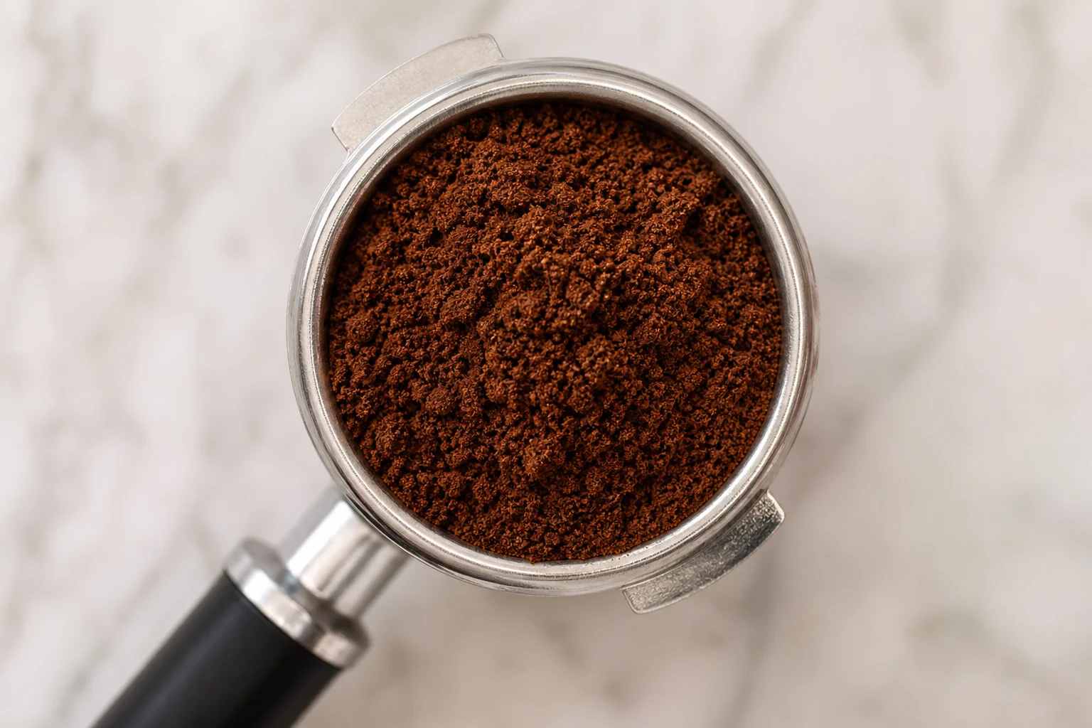 Espresso grounds in a portafilter showing fluffy, well-distributed texture