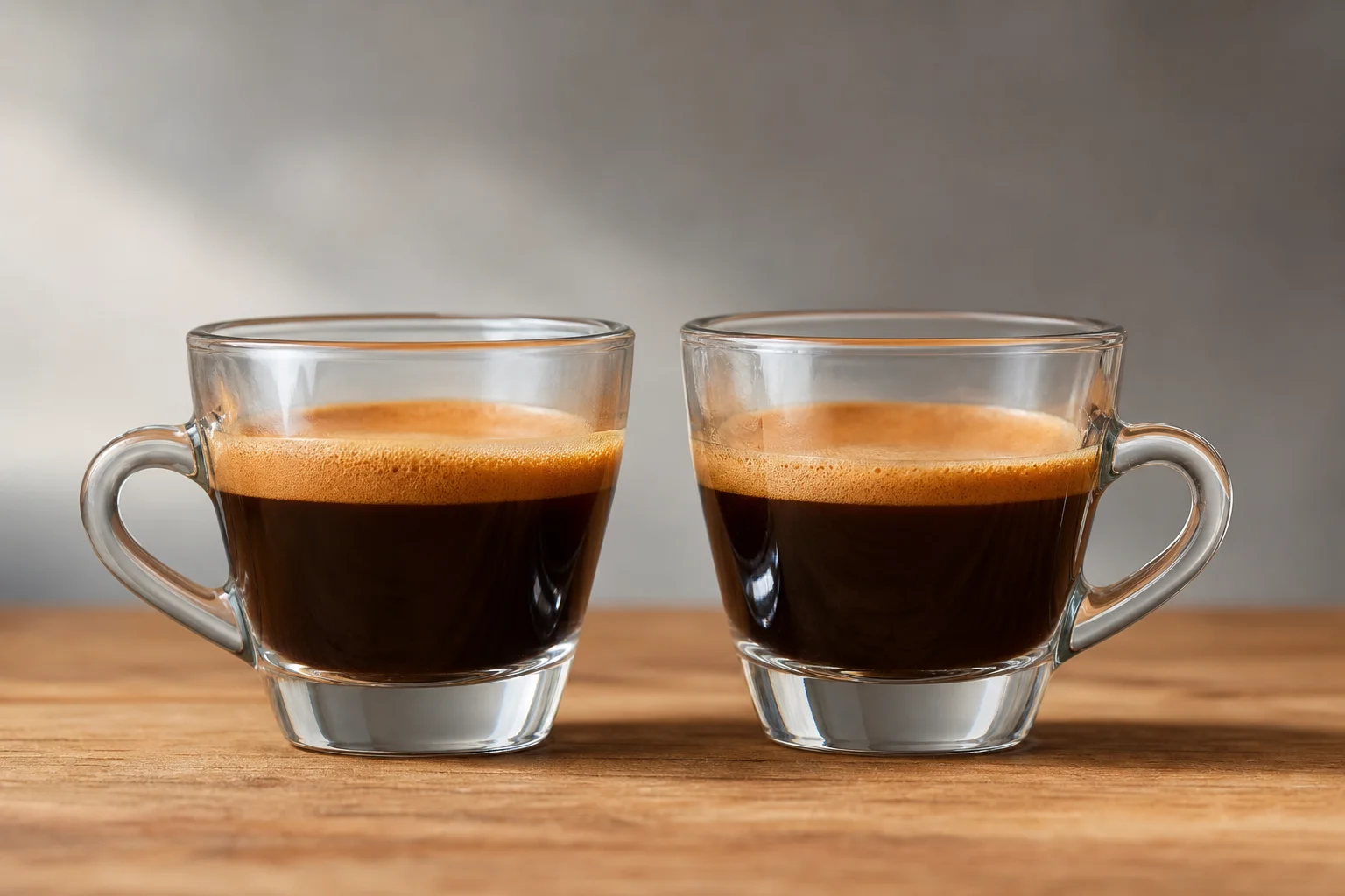 Two espresso shots side by side in clear glass cups on wooden surface