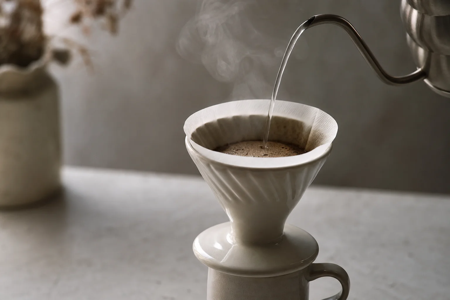 V60 pour-over dripper with filter coffee brewing and water pouring in