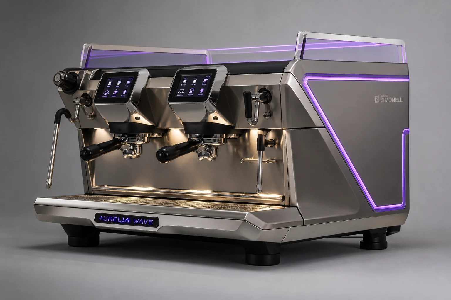 三台 Espresso 咖啡機：Rocket Boxer、Sanremo Zoe 與 Wega Polaris 並排於灰色檯面上