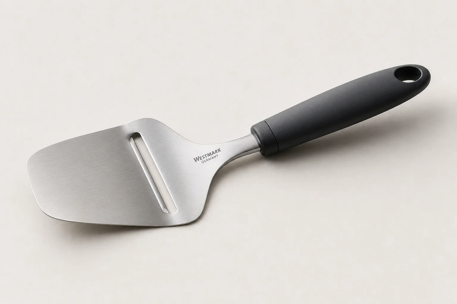 Five different cheese slicers arranged on a concrete surface