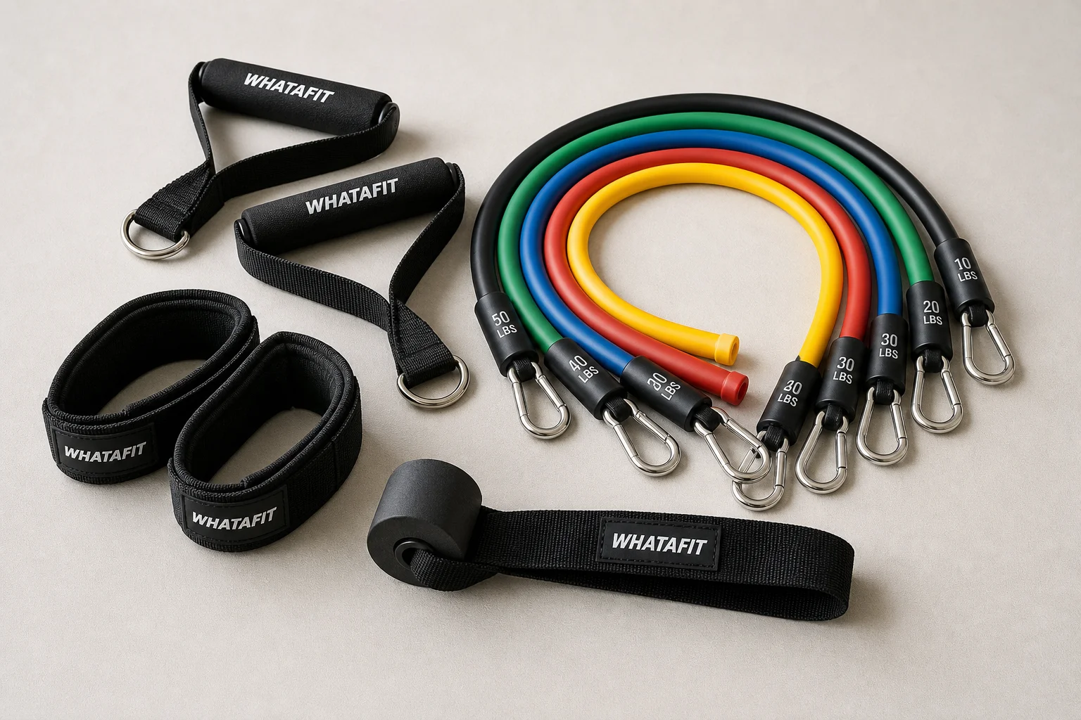 Five resistance band sets displayed on concrete surface showing different styles and colors