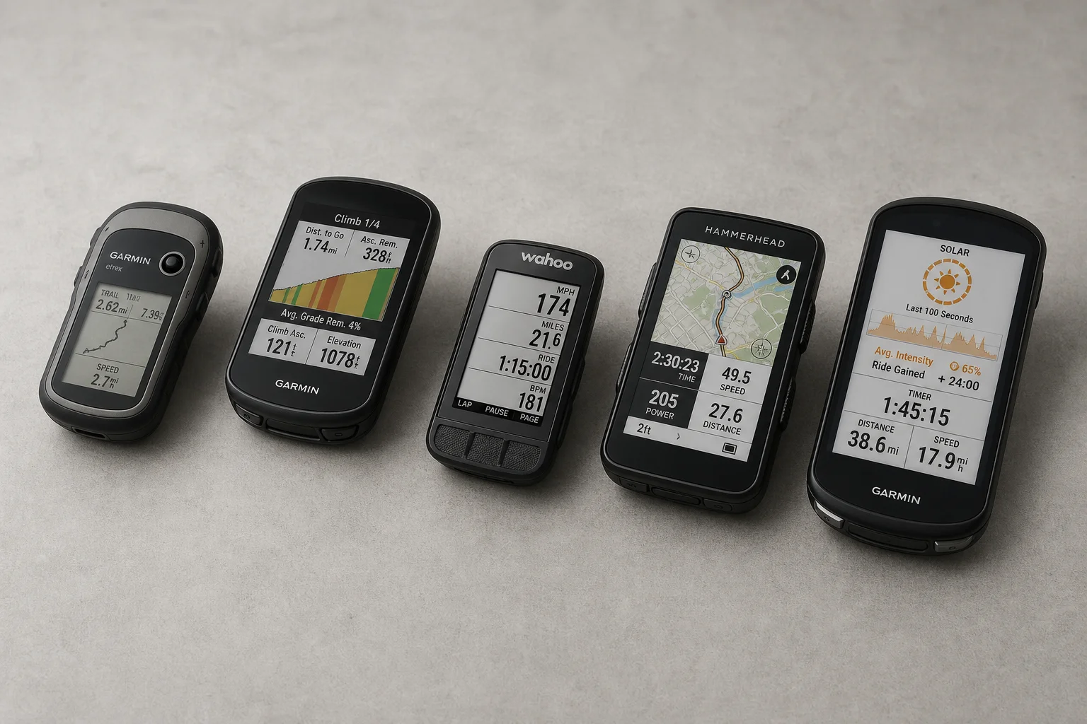五台 GPS 單車車錶排列在水泥地面上