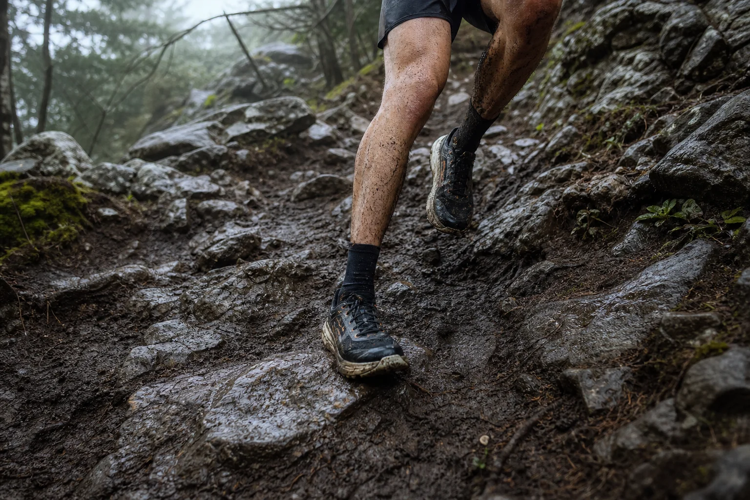 Trail runner navigating rocky technical descent with deep mud