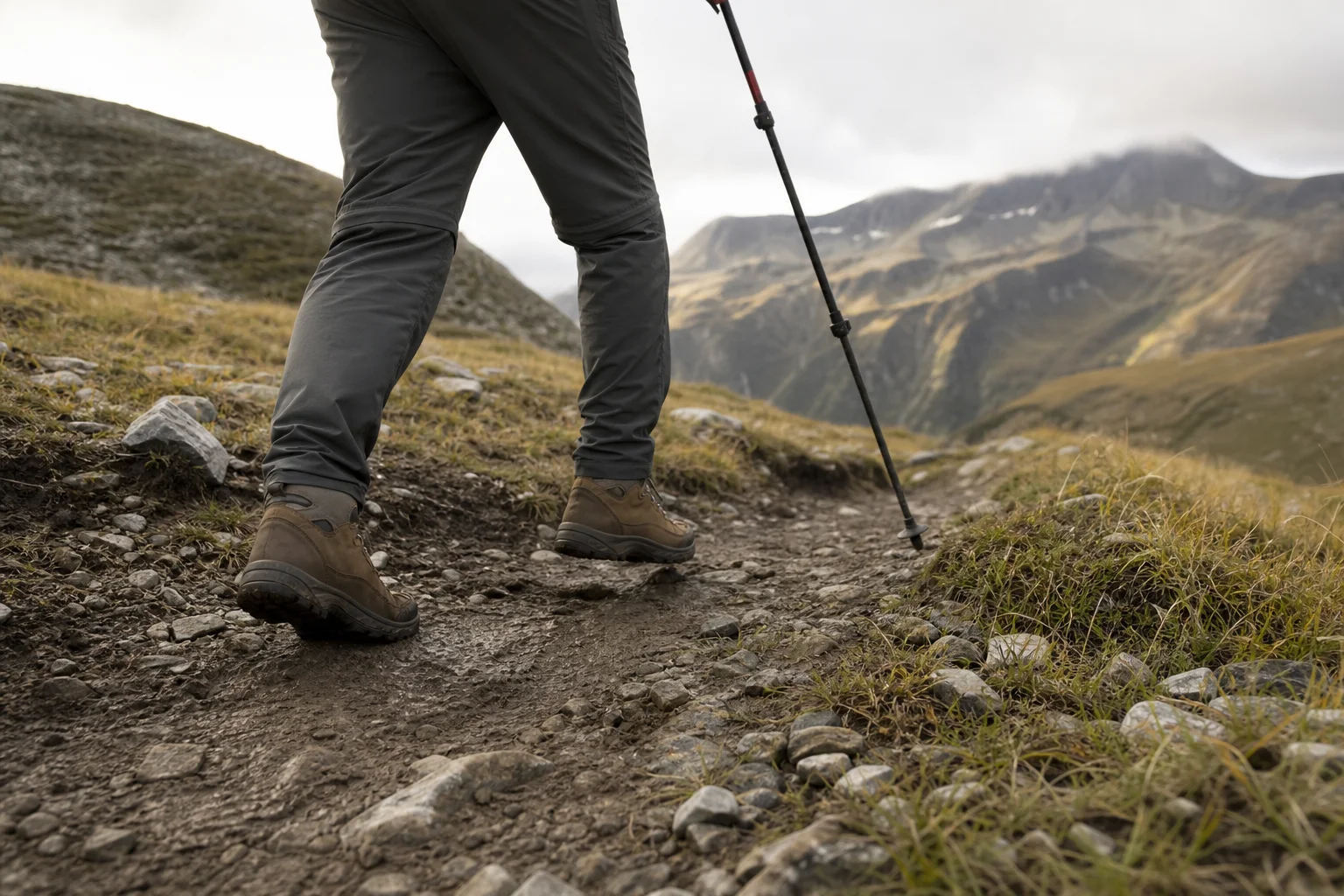 Hiker on mountain path with stable footing on varied terrain