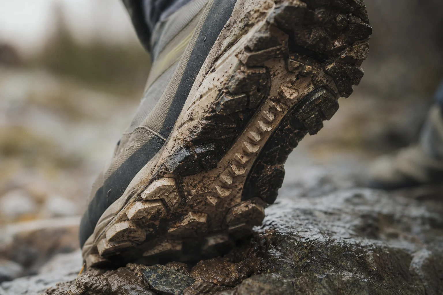 Close-up of trail shoe tread pattern on wet rock surface