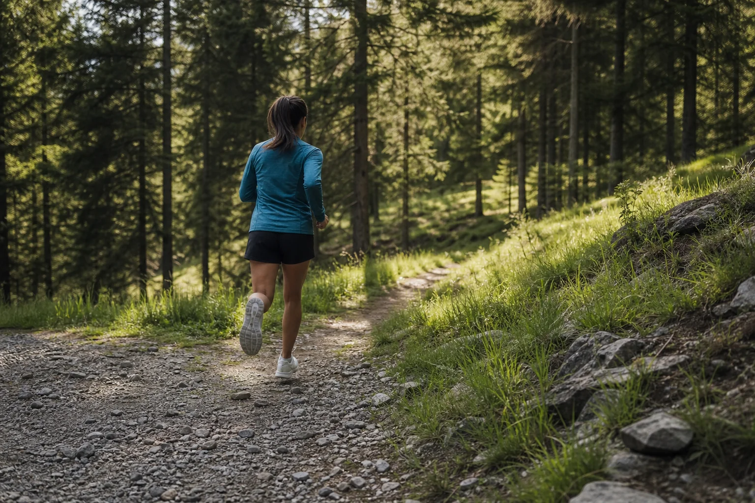 Trail runner on gravel path transitioning to light forest trail