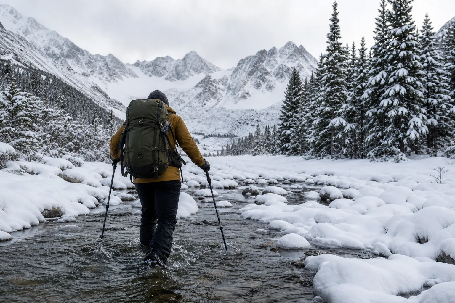 登山客在冬季環境中涉水穿越覆雪的溪流