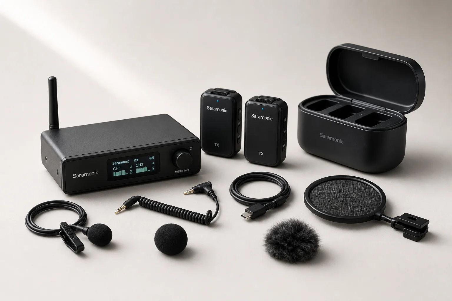 Wireless microphone system components arranged on neutral backdrop including receiver, transmitters, lavalier mics, and accessories
