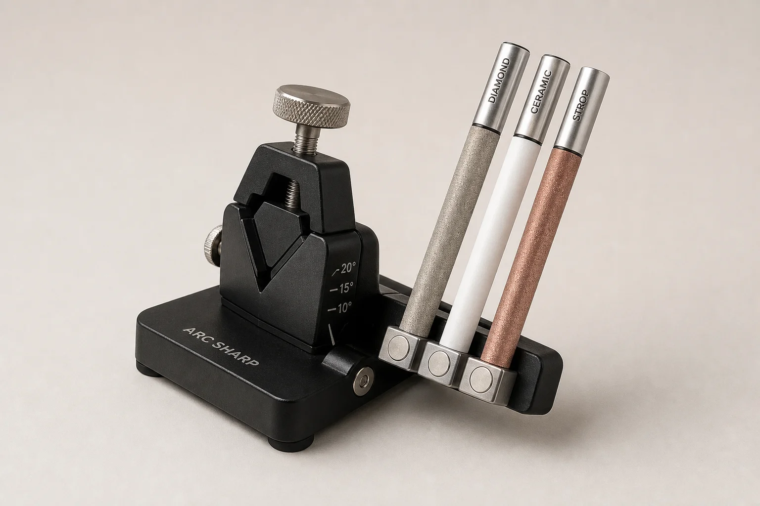 Five knife sharpeners arranged on concrete surface from manual to professional electric models